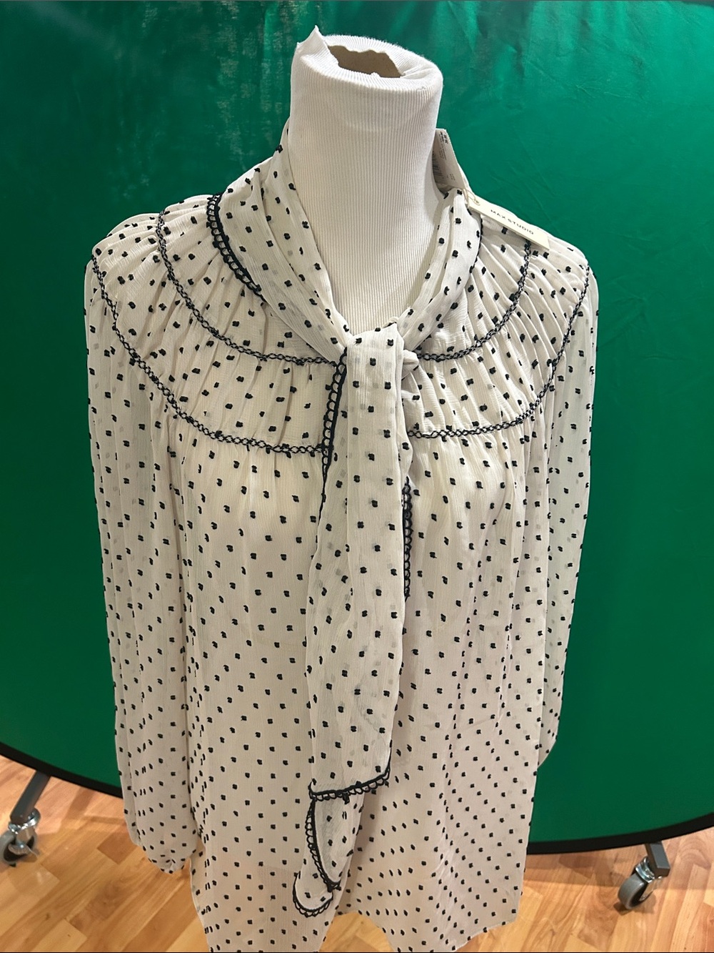 Max Studio Cream Blouse with Black Polka Dot Tie Neck